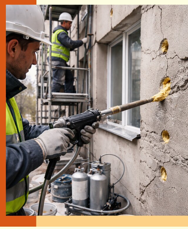 Заполнение пустот в фасаде и утепление стен в Зеленодольске